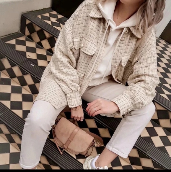 Tweed Plaid Oversized Shirt Jacket Shacket Medium - Picture 2 of 5